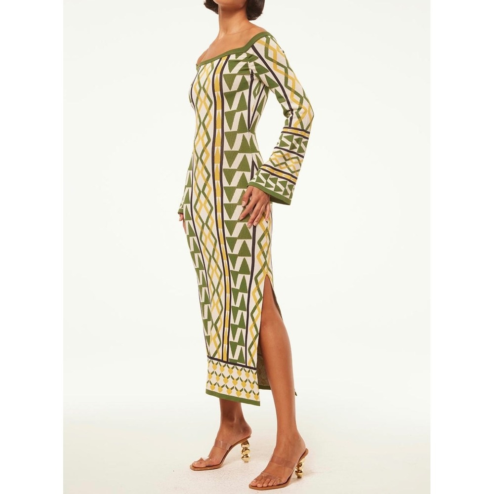 MISA Los Angeles Green Geometric Knit Midi Dress Bell Sleeve Square Neck XL NEW